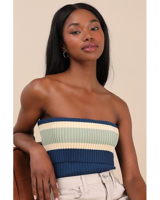 Lulus Blue Sunny Signs Striped Ribbed Knit Strapless Top