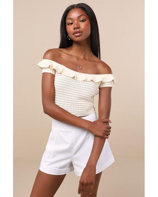 Lulus White Atarah Cream Open-Knit Off-The-Shoulder Sweater Top