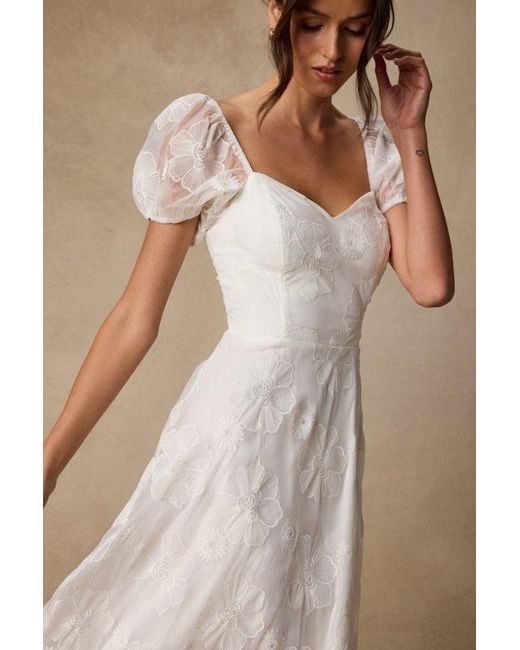 Lulus Natural Sweetest Behavior Embroidered Puff Sleeve Midi Dress