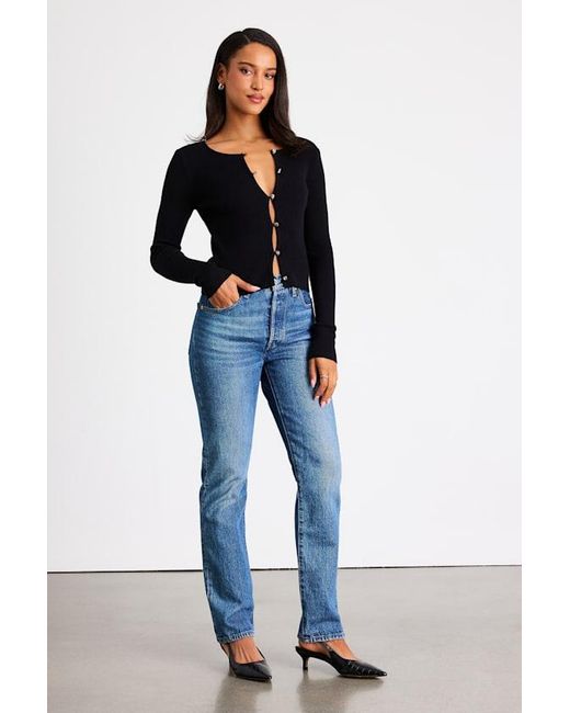 Lulus Blue Scalia Ribbed Knit Button-Front Long Sleeve Top