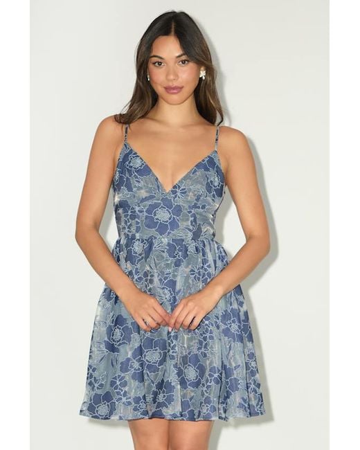Lulus Women's Blue Floral Feelings Floral Jacquard Babydoll Mini Dress