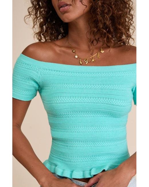 Lulus Blue Alamea Aqua Pointelle Knit Off-The-Shoulder Sweater Top