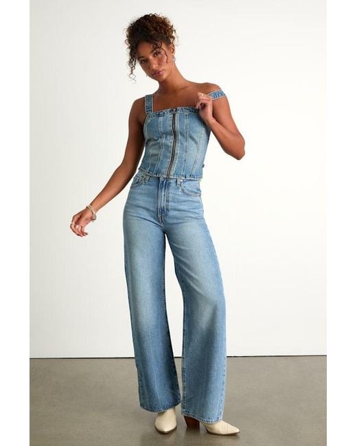 Levi's Blue Sculpted Bustier Medium Wash Zip-Front Denim Bustier Top