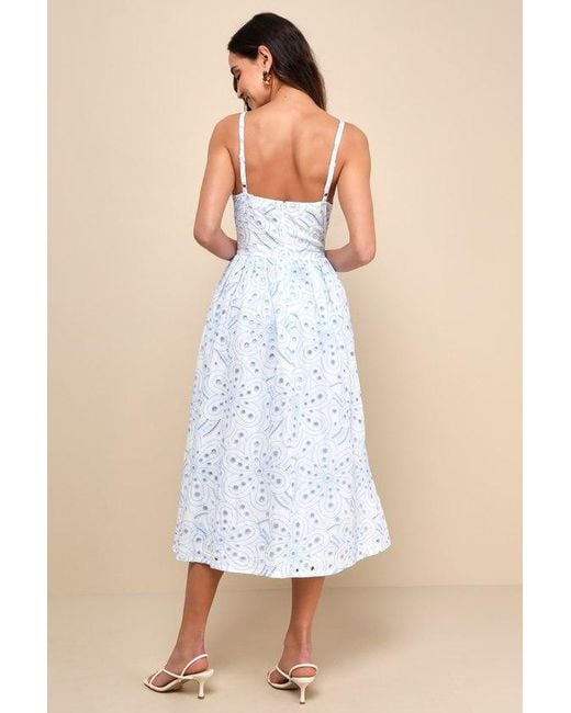 Lulus Blue Sunny Poise Cotton Eyelet Embroidered Midi Dress