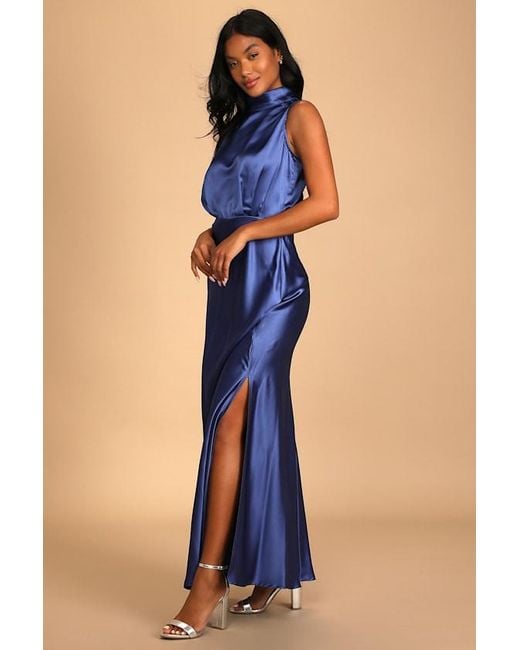 Lulus Blue Classic Elegance Satin Sleeveless Mock Neck Maxi Dress