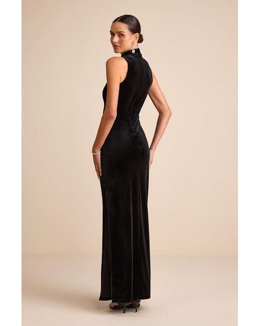 Lulus Blue Kemalie Velvet Lace Mock Neck Maxi Dress
