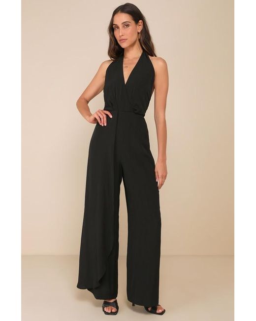 Lulus Black Inspiring Sultriness Textured Halter Backless Jumpsuit