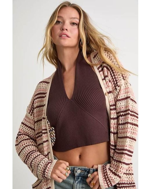 Lulus Natural Breezy Strolls Multi Striped Crochet Long Cardigan