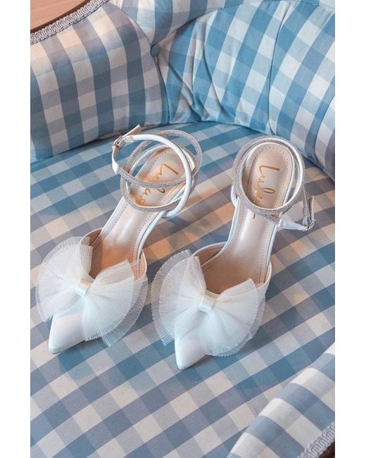 Lulus Blue Lelanee Satin Rhinestone Bow Ankle Strap Pumps