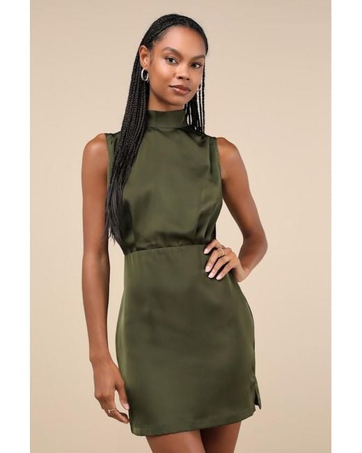 Lulus Green Classic Elegance Satin Sleeveless Mock Neck Mini Dress