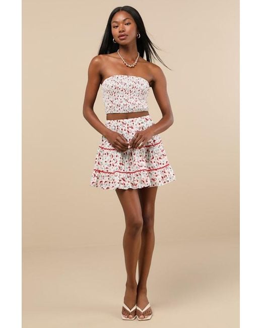 Lulus White Chelan Cherry Print Smocked Strapless Crop Top