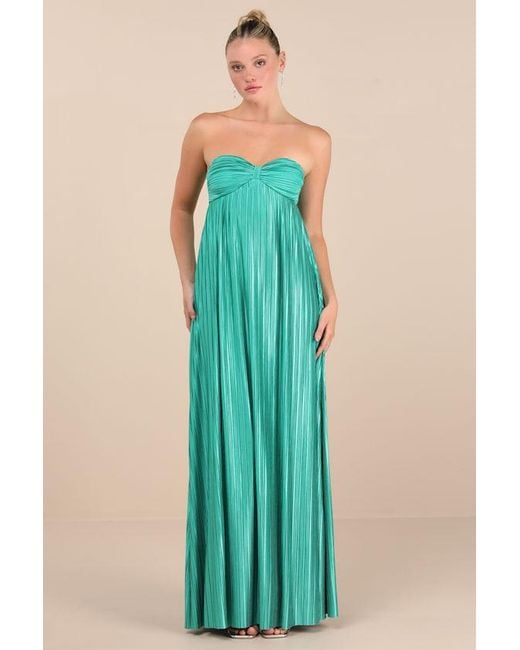 Lulus Green Whimsical Beauty Satin Plisse Strapless Maxi Dress