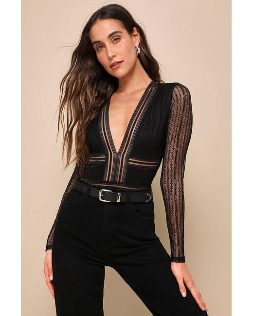 Lulus Black Casita Sheer Lace Long Sleeve Bodysuit