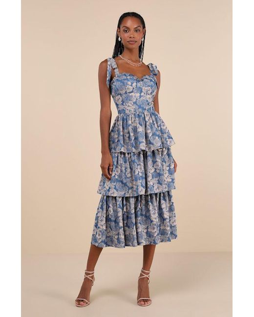 Lulus Blue Lovely Bliss Floral Jacquard Strapless Bustier Midi Dress