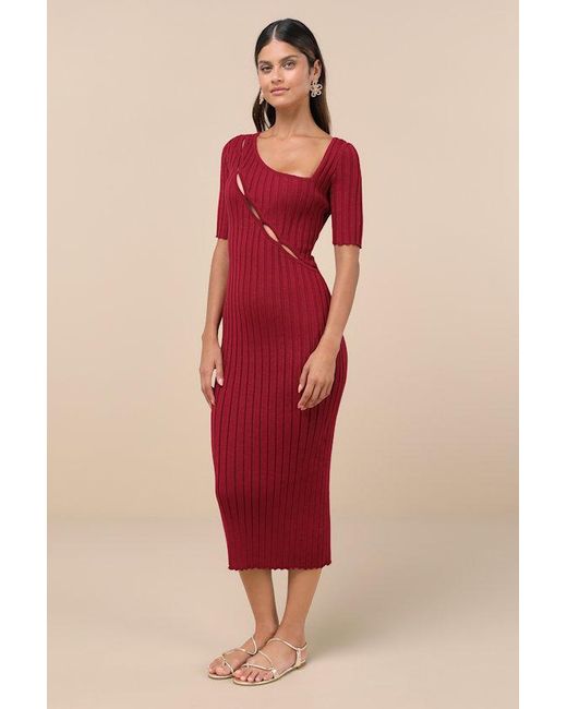 Lulus Pink Flattering Aura Ribbed Asymmetrical Cutout Midi Dress