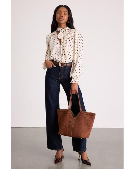 Lulus Blue Loen Polka Dot Tie-Neck Long Sleeve Bodysuit