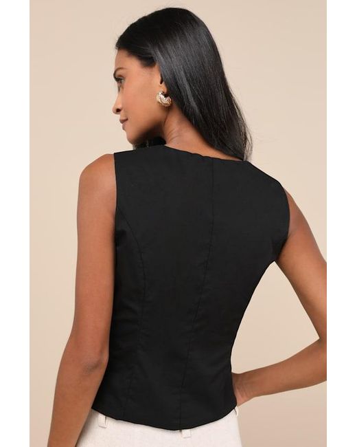 Lulus Black Seasonally Lovely Scalloped Button-Front Top