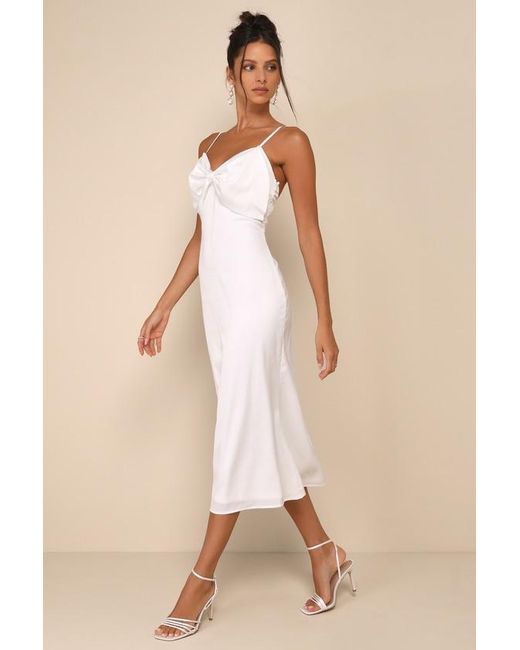 Lulus Natural Extravagantly Sleek Satin Sleeveless Bow Midi Dress