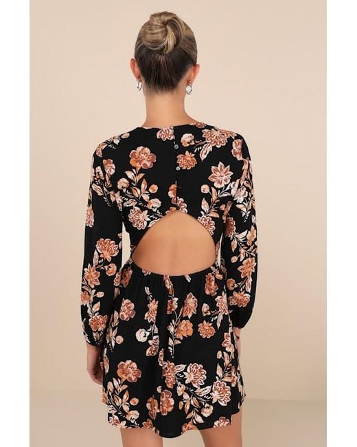 Lulus Black Darling Simplicity Floral Linen Cutout Mini Dress