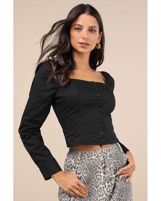 Lulus Black Demure And Sweet Button-Front Long Sleeve Top
