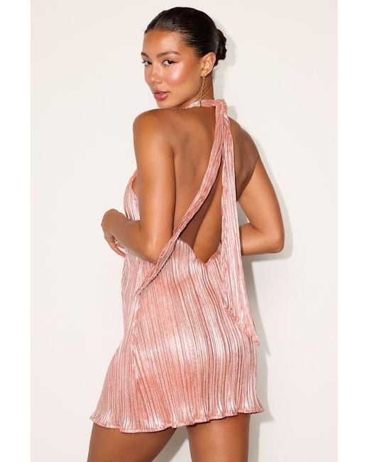 Lulus Pink Collins Lurex Plisse Halter Mini Dress