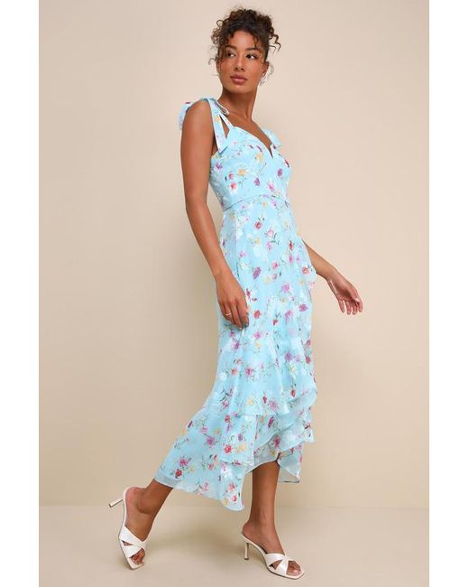 Lulus Blue So Elevated Floral Jacquard Tie-Strap High-Low Midi Dress