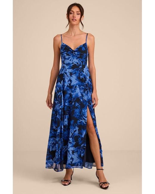 Lulus Blue Beautiful Soul Floral Print Twist-Front Maxi Dress