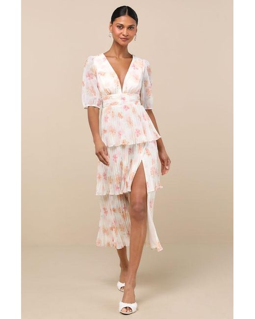 Lulus Natural Jadia Floral Pleated Tiered Midi Dress