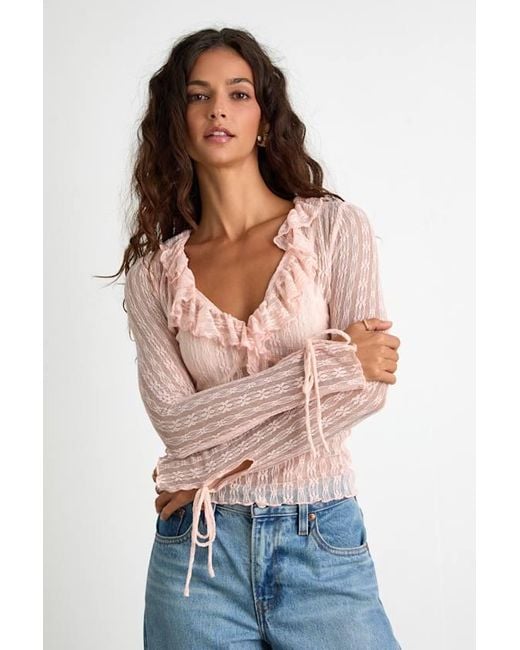 Lulus Pink Lindley Sheer Lace Ruffled Long Sleeve Top