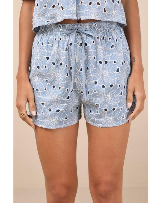 Lulus Blue Aminta Eyelet Embroidered Drawstring Shorts