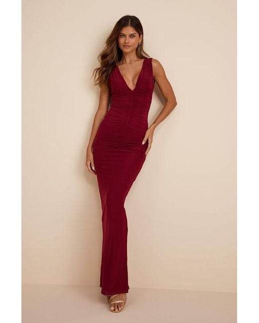 Lulus Red Aveline Jersey Knit Ruched Bodycon Maxi Dress