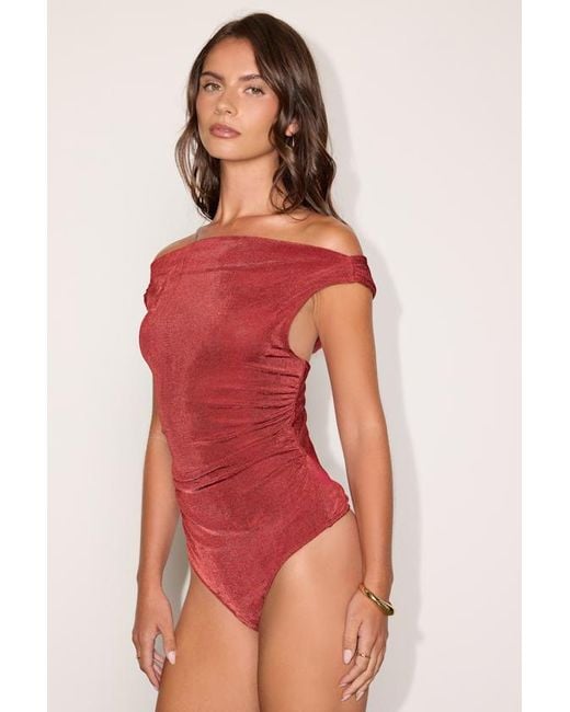 Lulus Red Tarryn Jersey Knit Off-The-Shoulder Bodysuit