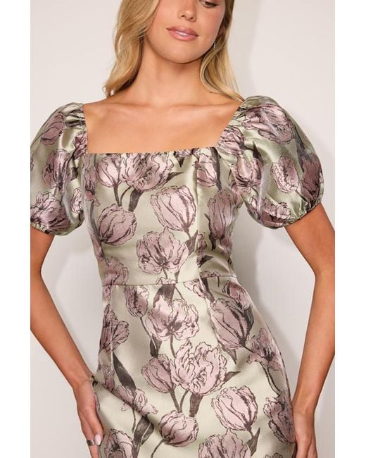 Lulus Pink So Stunning Sage Multi Floral Jacquard Puff Sleeve Mini Dress