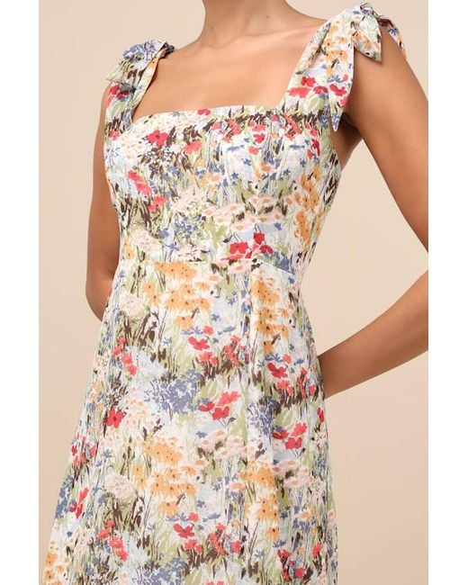 Lulus Natural Summer Invite Multi Floral Tie-Strap Tiered Midi Dress