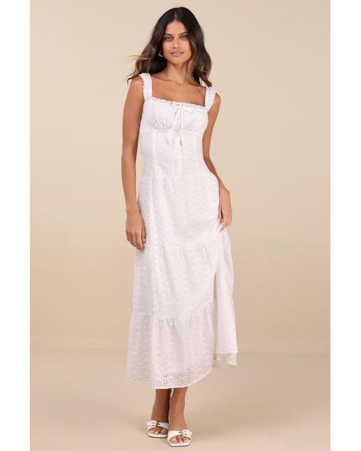 Lulus Natural Nerissa Eyelet Embroidered Ruffled Drop Waist Midi Dress