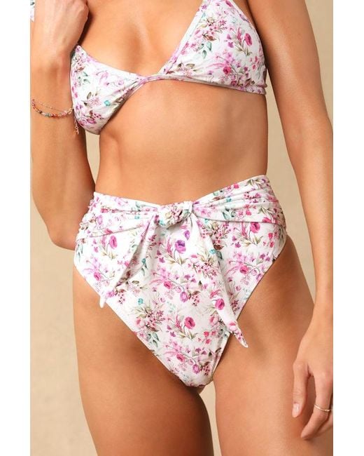Lulus Pink Tide Time Floral Tie-Front Bikini Bottoms