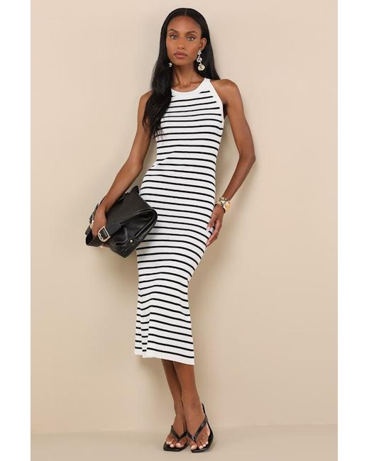Lulus Black Tove Striped Ribbed Knit Bodycon Midi Dress