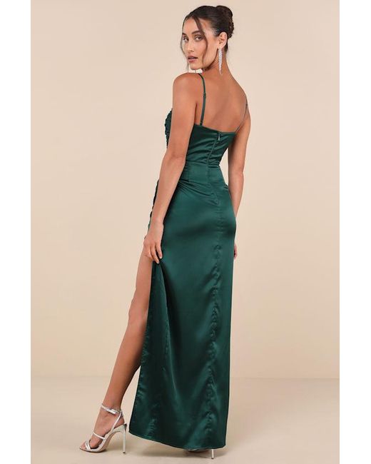 Lulus Blue Luxurious Marvel Emerald Satin Ruched Column Maxi Dress