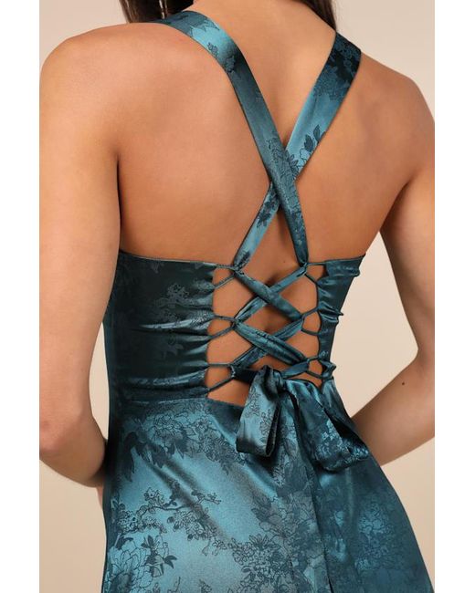 Lulus Blue Exquisite Outlook Floral Jacquard Satin Lace-Up Mini Dress