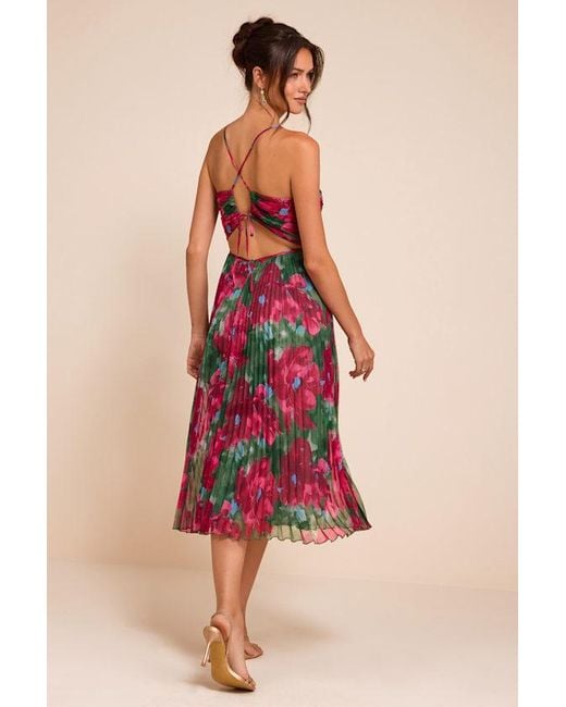 Lulus Red Whitley Multi Floral Pleated Sleeveless Midi Dress