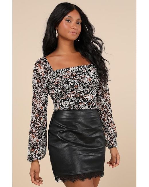 Lulus Black Mood Setter Floral Print Ruched Long Sleeve Top