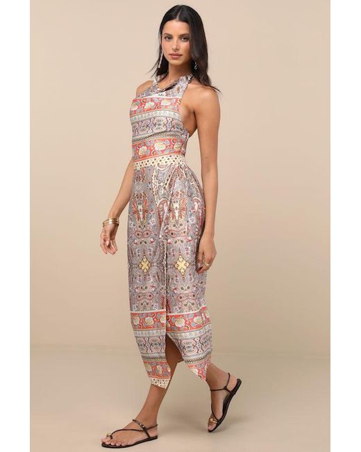 Lulus Pink Radina Paisley Print Satin Halter Midi Wrap Dress