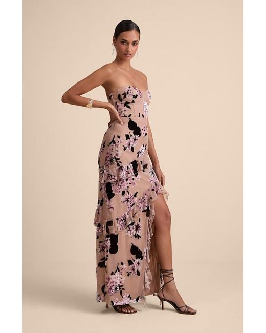 Lulus Natural Chelisa Floral Ruffled Strapless Bustier Maxi Dress