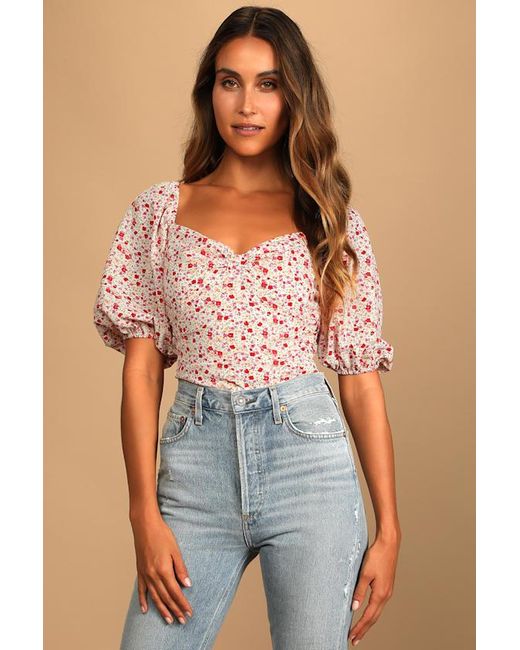 Lulus Blue Beautiful Hues Floral Print Puff Sleeve Ruched Bodysuit