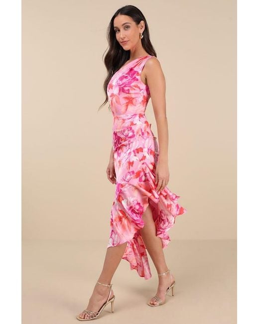 Lulus Pink Divinely Blooming Multi Floral One-Shoulder Midi Dress