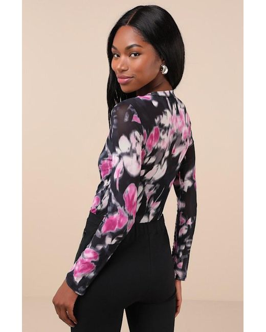 Steve Madden Black Azure Floral Mesh Long Sleeve Bodysuit
