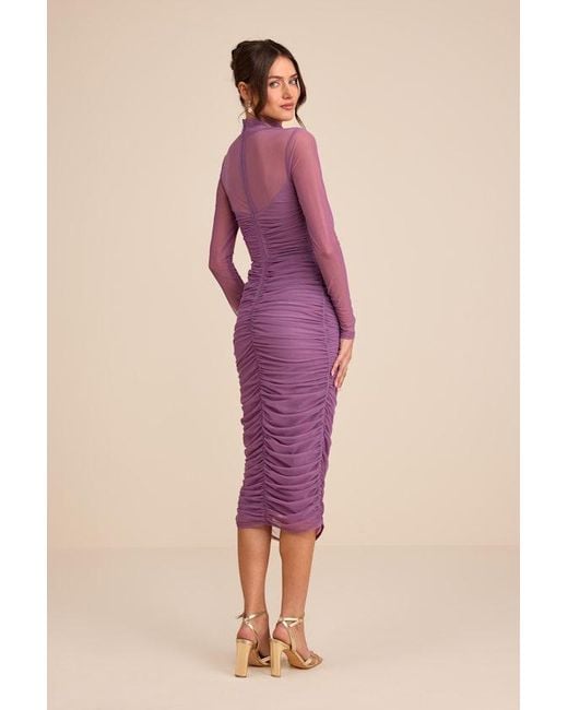 Lulus Pink Impressive Flirt Mesh Ruched Mock Neck Midi Dress