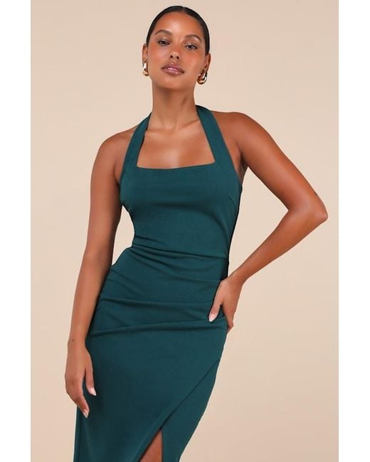 Lulus Blue Prominent Charm Emerald Halter Bodycon Tulip Midi Dress