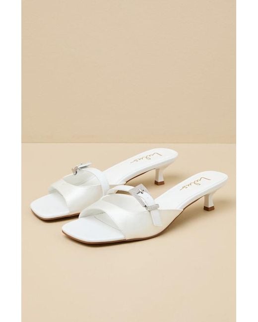 Lulus Natural Lilu Satin Rhinestone Buckle Kitten Heel Sandals