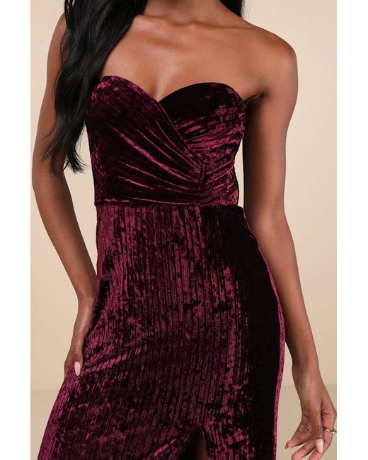 Lulus Purple Classy Sensation Plum Velvet Pleated Strapless Maxi Dress